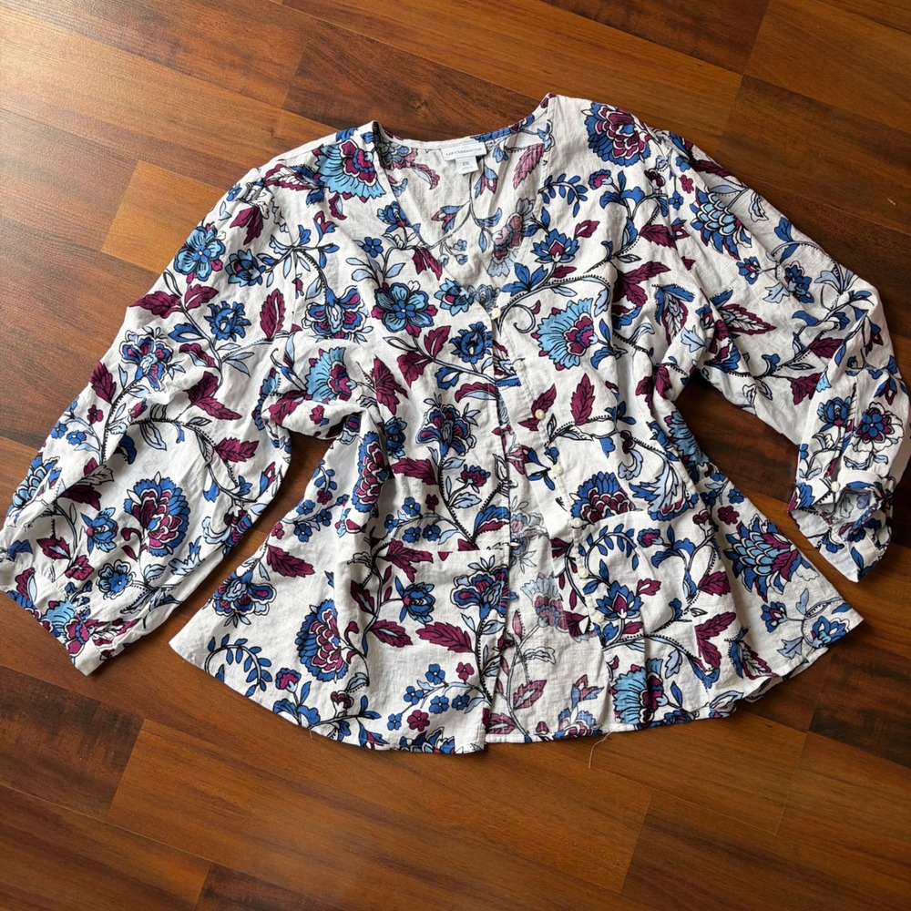 Liz Claiborne Womens XXL Floral Button Front Peplum Blouse Blue Berry V-Neck Top